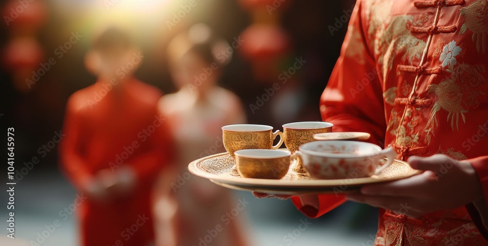Close up of a person in traditional red attire serving tea in ornate cups during a Chinese new year celebration, cultural and traditional customs. Close up of a person in traditional red attire serving tea in ornate cups during a Chinese new year celebration, cultural and traditional customs.