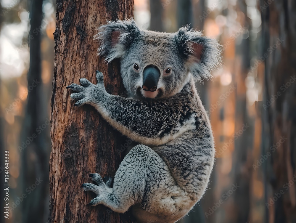 Fototapeta premium Malnourished Koala Clinging to Tree Symbolizing Wildlife Habitat Loss Impact