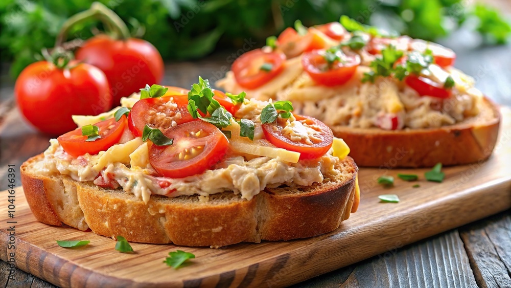 Asymmetrical delicious brunch toast topped with tomato tuna and cheese Asymmetrical delicious brunch toast topped with tomato tuna and cheese