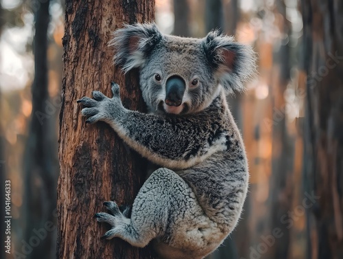 Malnourished Koala Clinging to Tree Symbolizing Wildlife Habitat Loss Impact photo