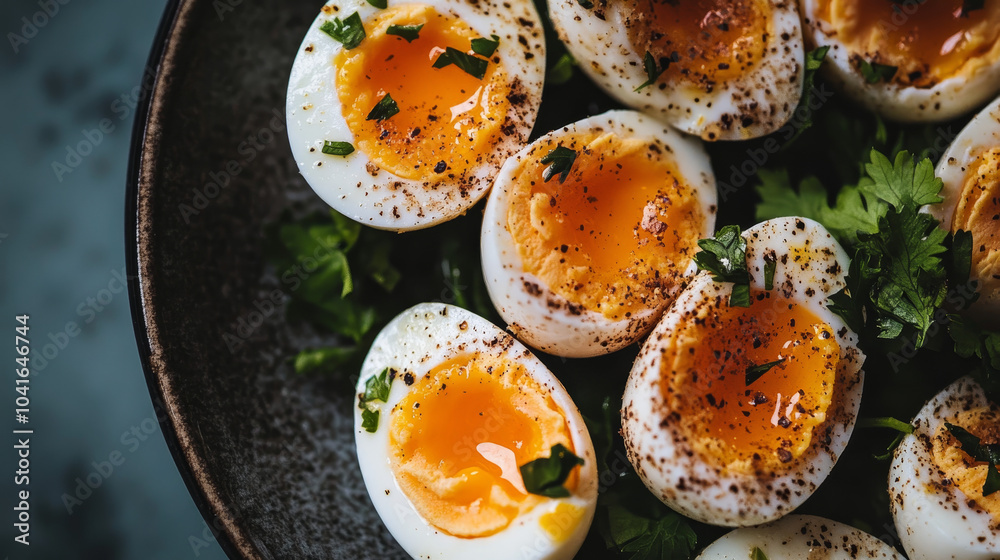 A close-up of perfectly soft-boiled eggs.




