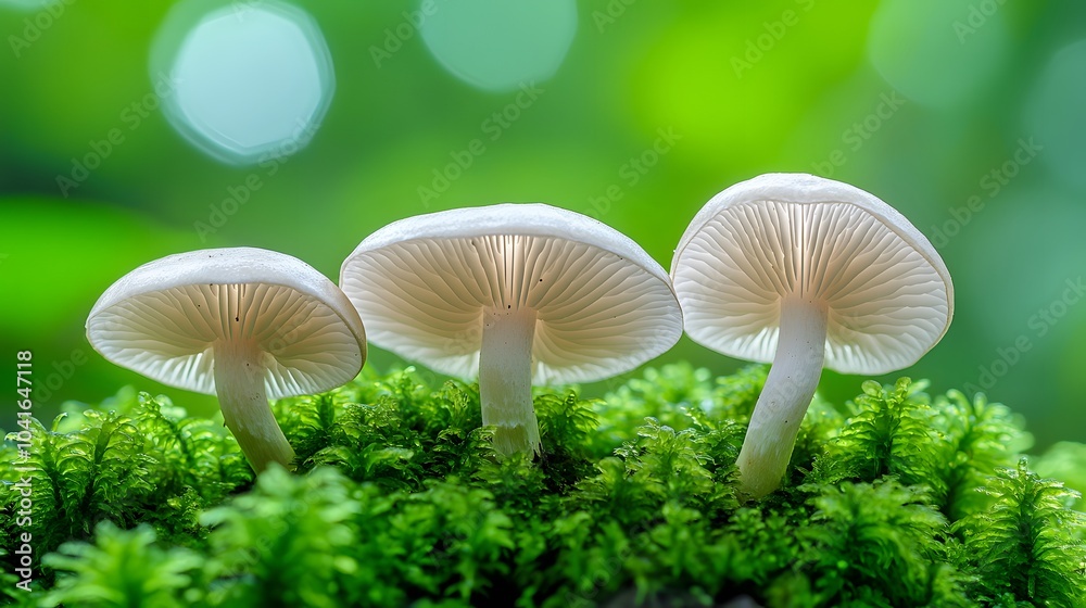 White mushrooms clustered on a forest floor with vibrant green moss, captured in macro photography with natural light and earthy textures for a serene woodland scene. White mushrooms clustered on a forest floor with vibrant green moss, captured in macro photography with natural light and earthy textures for a serene woodland scene.