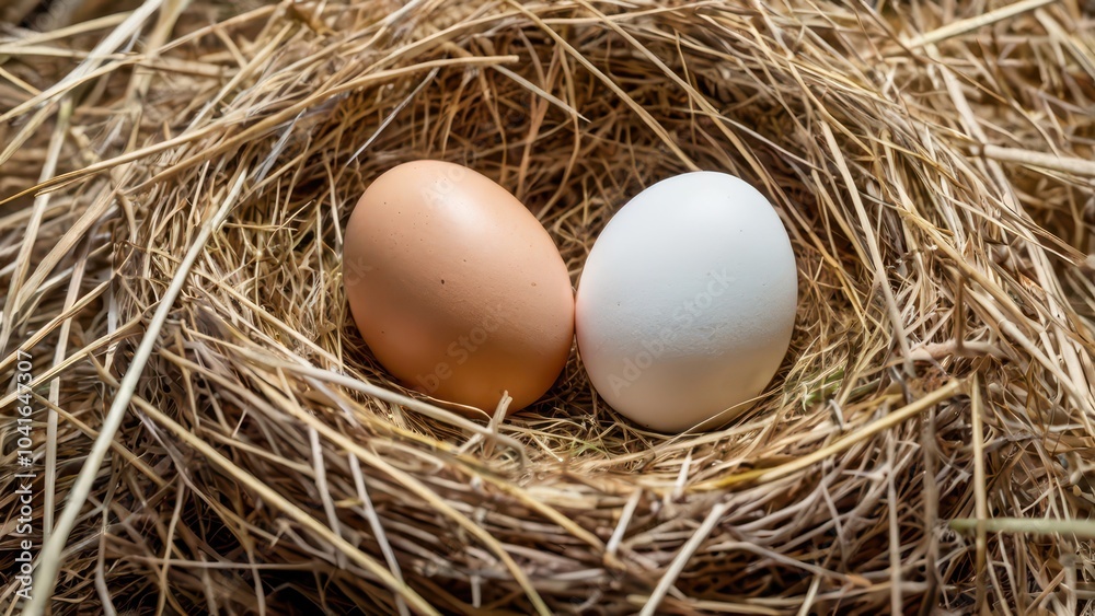 Сhicken eggs arranged in a nest of straw grass Сhicken eggs arranged in a nest of straw grass