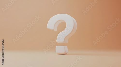 White question mark in 3D typography on a pale orange background, featuring a minimalist and clean composition symbolizing curiosity and inquiry with high contrast and smooth texture.