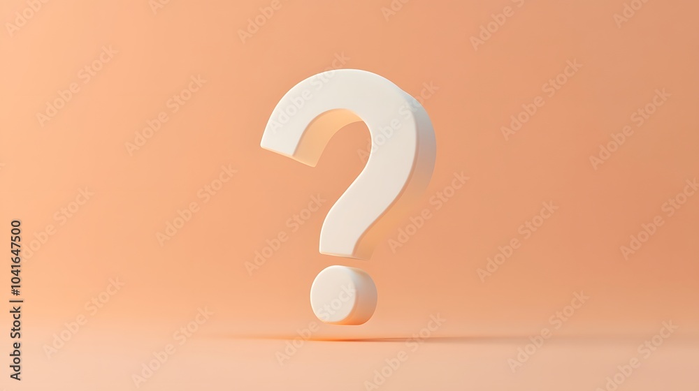 White question mark in 3D typography on a pale orange background, featuring a minimalist and clean composition symbolizing curiosity and inquiry with high contrast and smooth texture. White question mark in 3D typography on a pale orange background, featuring a minimalist and clean composition symbolizing curiosity and inquiry with high contrast and smooth texture.