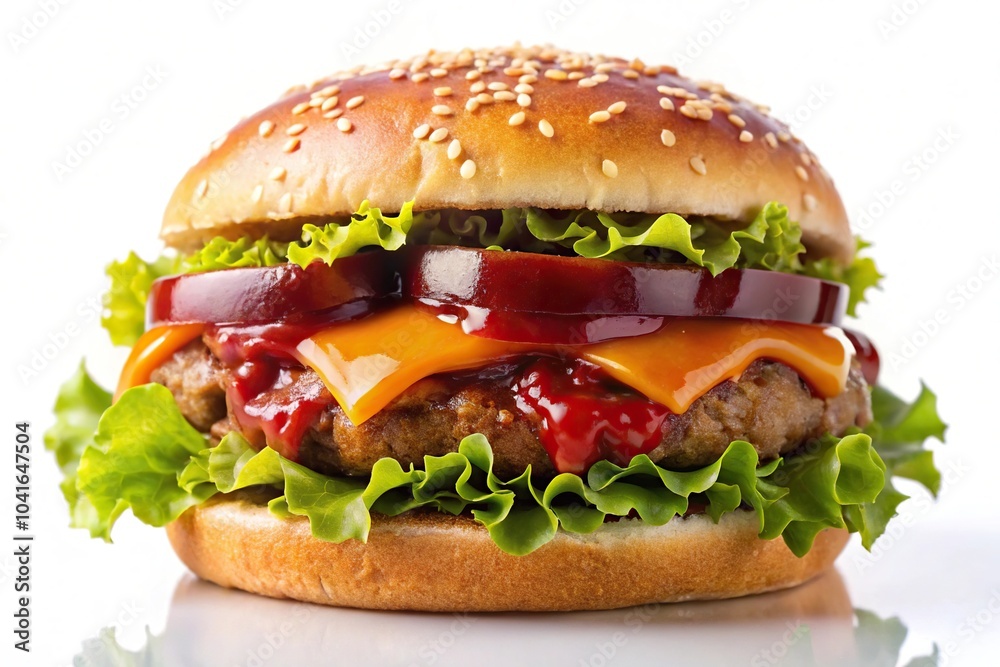 Bacon cheeseburger hamburger on white background with BBQ sauce and lettuce Bacon cheeseburger hamburger on white background with BBQ sauce and lettuce