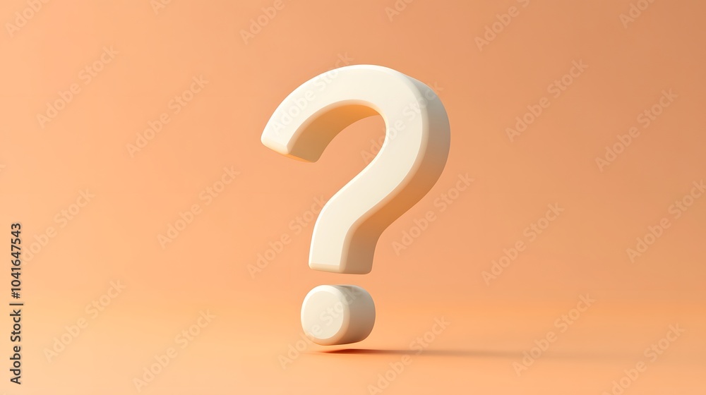 White question mark in 3D typography on a pale orange background, featuring a minimalist and clean composition symbolizing curiosity and inquiry with high contrast and smooth texture. White question mark in 3D typography on a pale orange background, featuring a minimalist and clean composition symbolizing curiosity and inquiry with high contrast and smooth texture.