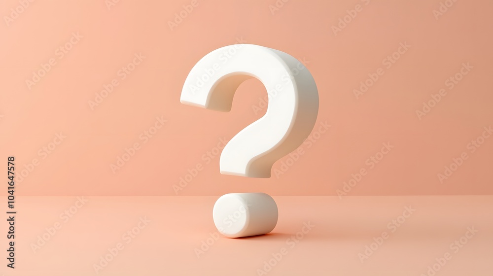 White question mark in 3D typography on a pale orange background, featuring a minimalist and clean composition symbolizing curiosity and inquiry with high contrast and smooth texture. White question mark in 3D typography on a pale orange background, featuring a minimalist and clean composition symbolizing curiosity and inquiry with high contrast and smooth texture.