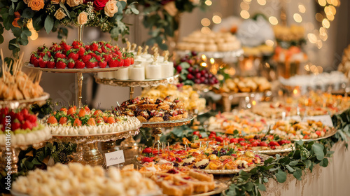 Elegant wedding presidium decor for the banquet, featuring the bride and groom's table adorned with a variety of delicious dishes, captured in a close-up.