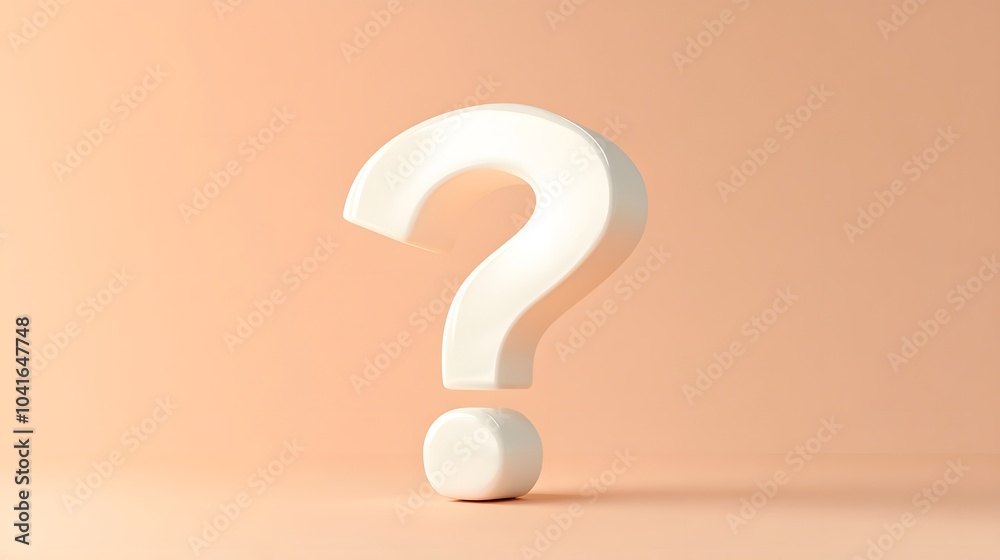 White question mark in 3D typography on a pale orange background, featuring a minimalist and clean composition symbolizing curiosity and inquiry with high contrast and smooth texture. White question mark in 3D typography on a pale orange background, featuring a minimalist and clean composition symbolizing curiosity and inquiry with high contrast and smooth texture.