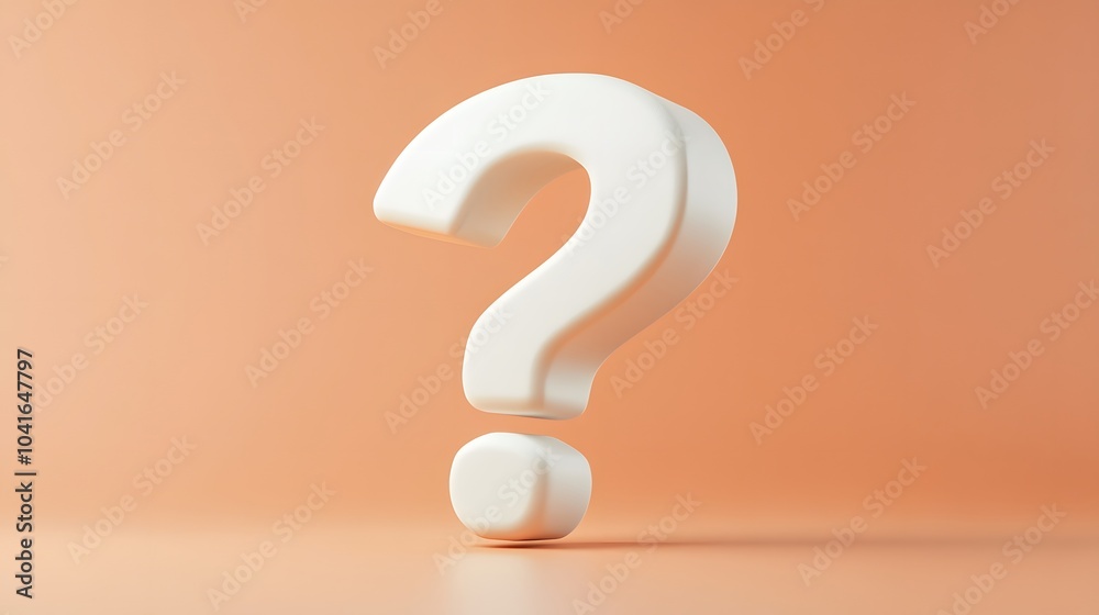 White question mark in 3D typography on a pale orange background, featuring a minimalist and clean composition symbolizing curiosity and inquiry with high contrast and smooth texture. White question mark in 3D typography on a pale orange background, featuring a minimalist and clean composition symbolizing curiosity and inquiry with high contrast and smooth texture.