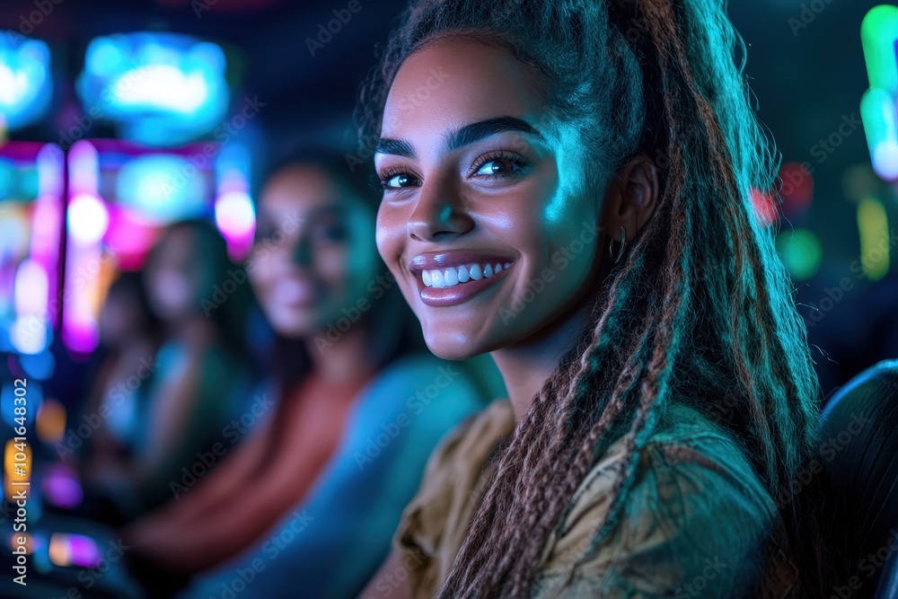 A smiling woman with impressive hairstyle enjoys a night out with friends in a vibrant casino, capturing a sense of excitement and camaraderie in the lively ambiance. A smiling woman with impressive hairstyle enjoys a night out with friends in a vibrant casino, capturing a sense of excitement and camaraderie in the lively ambiance.