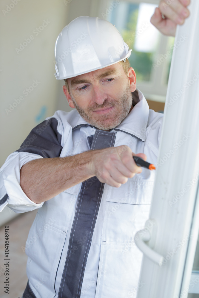 Contractor using screwdriver on pvc frame Contractor using screwdriver on pvc frame