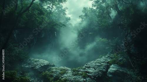 A dense forest with fog covering a deep ravine, creating a mysterious and atmospheric scene.