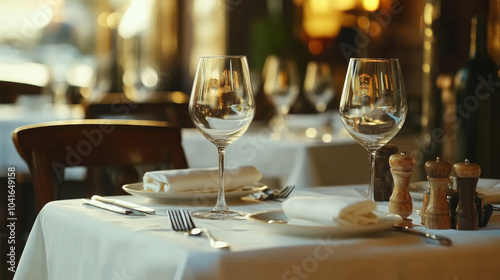 A beautifully set table in a restaurant, showcasing elegant dinnerware, stylish glassware, and carefully arranged centerpieces.