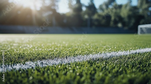 A soccer field with a white line on the grass. The grass is lush and green, and the white line is clearly visible, marking the boundary of the field. The field is empty