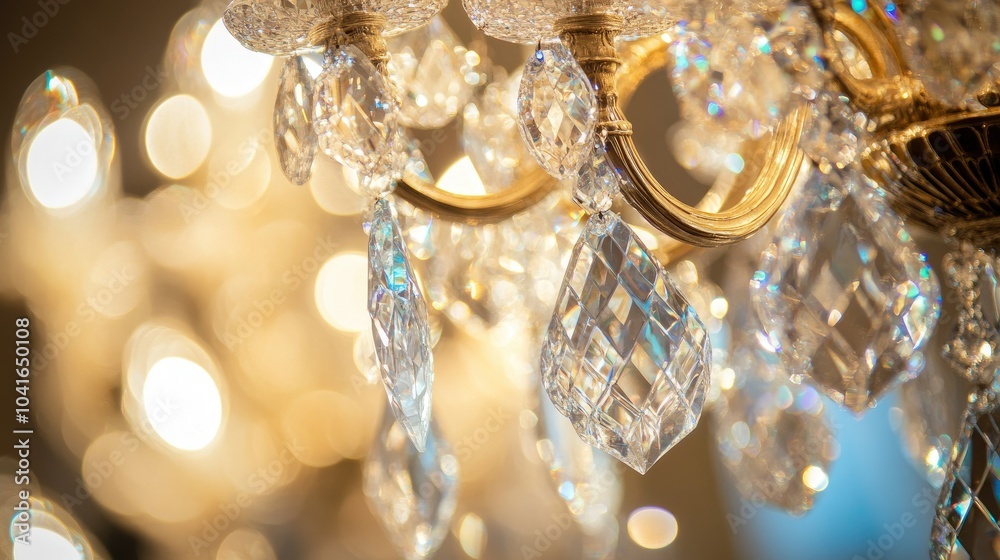 A close-up view of a crystal chandelier, its intricate facets reflecting light in stunning, shimmering patterns A close-up view of a crystal chandelier, its intricate facets reflecting light in stunning, shimmering patterns