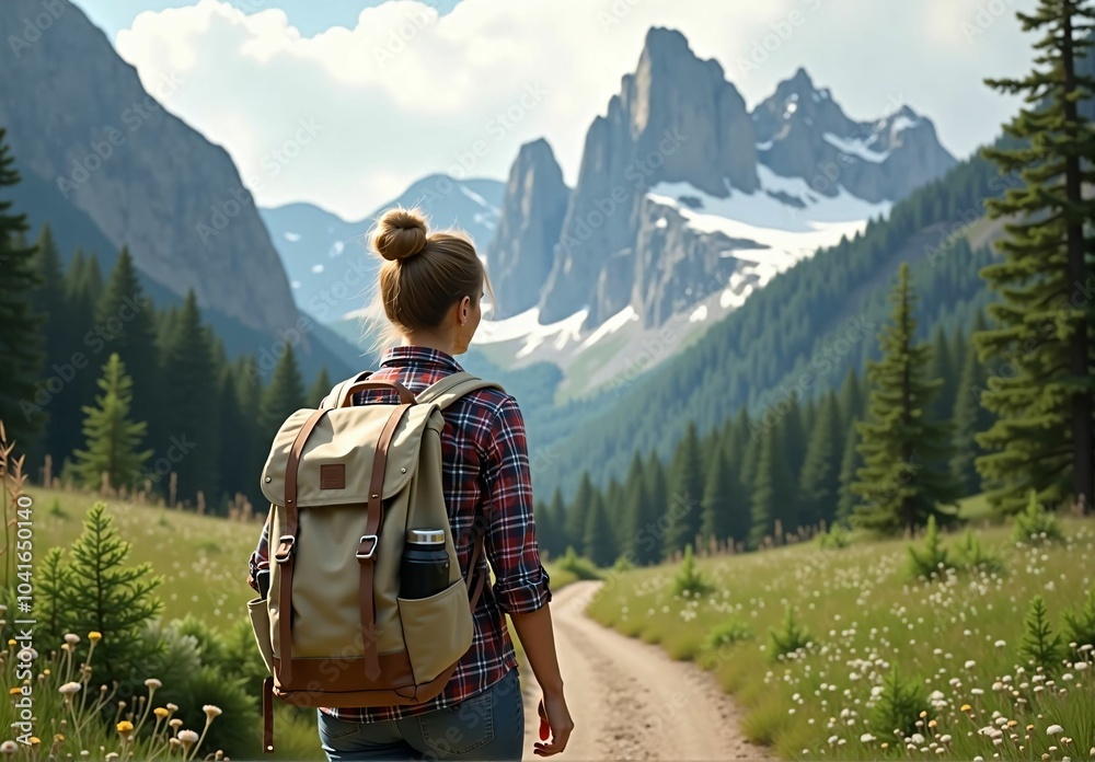A Woman Enjoying an Adventurous Hiking Journey Surrounded by Majestic Mountains and Nature A Woman Enjoying an Adventurous Hiking Journey Surrounded by Majestic Mountains and Nature