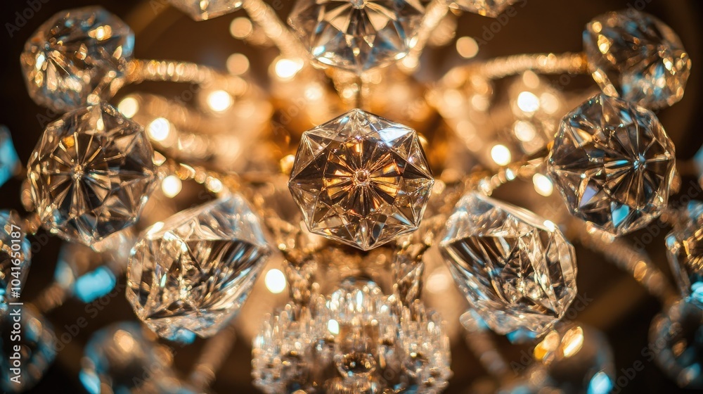 A dazzling close-up of a crystal chandelier, with its reflective facets scattering light in mesmerizing, intricate patterns A dazzling close-up of a crystal chandelier, with its reflective facets scattering light in mesmerizing, intricate patterns