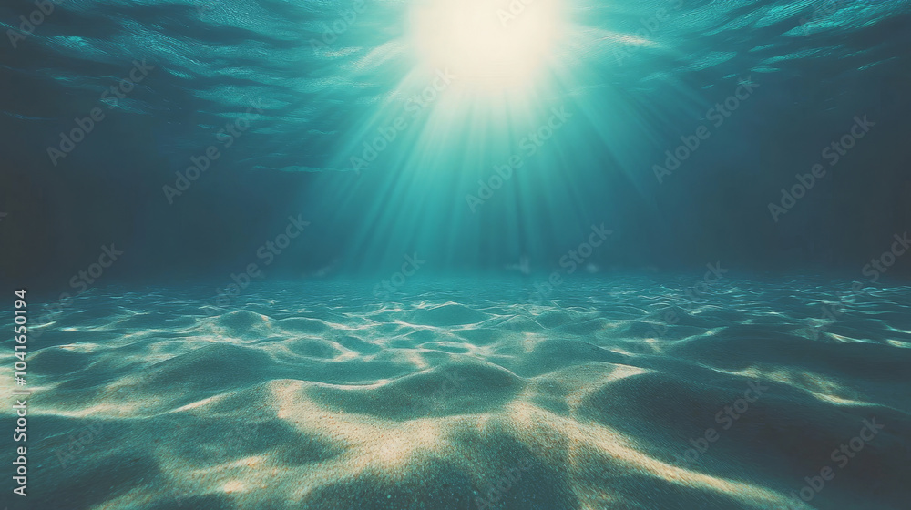 Fototapeta premium underwater scene with a light blue sea and a sandy ocean floor, illuminated by abstract patterns of sunlight filtering through the water's surface.