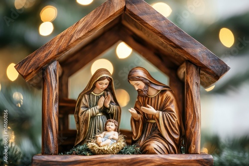 A wooden Christmas Nativity set with the holy family gazing at baby Jesus with a bokeh background. with generative ai