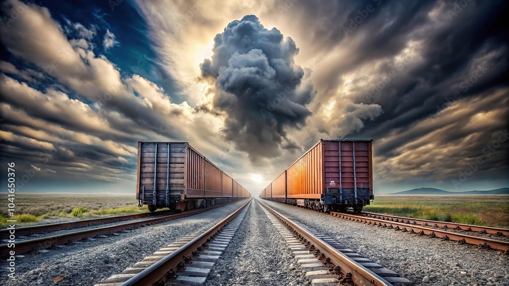 Fototapeta premium Cargo train traveling into the distance under a cloudy sky