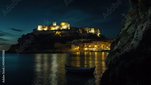 A serene night view of a coastal castle illuminated by lights, reflecting in calm waters.