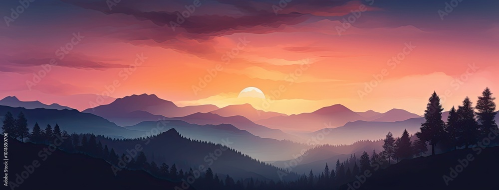 Obraz premium Silhouetted trees on mountain range at sunset.