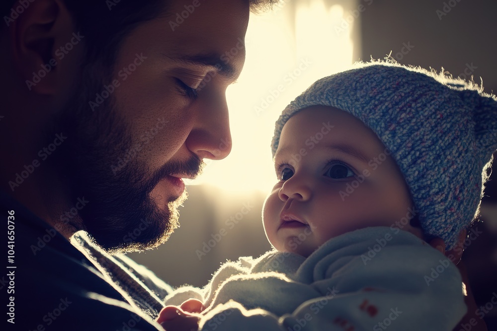 Obraz premium A touching moment between a father and his baby, where the father gazes lovingly at his child, captured in soft, natural light, emphasizing warmth and family connection.