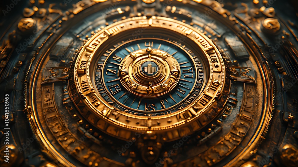 Fototapeta premium A intricate circular mechanism with a gold and blue design, featuring a central hub and a series of concentric rings.