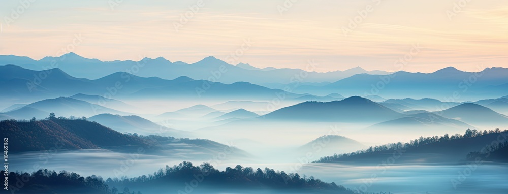 Fototapeta premium Misty mountains at dawn, serene landscape.
