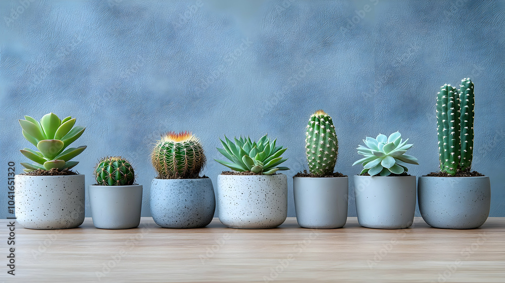 Succulents and Cactus in Pots on Wooden Table Succulents and Cactus in Pots on Wooden Table