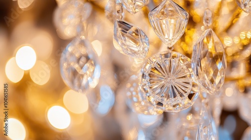 A close-up view of a crystal chandelier, its intricate facets reflecting light in stunning, shimmering patterns