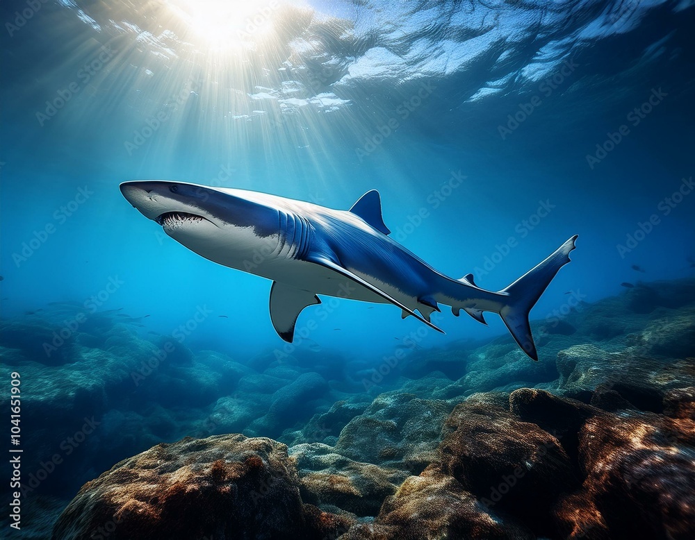 Fototapeta premium Tiburón blanco azul el mar, Realista