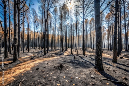 Charred forest captured in the aftermath of a fire blackened trees and ashen ground