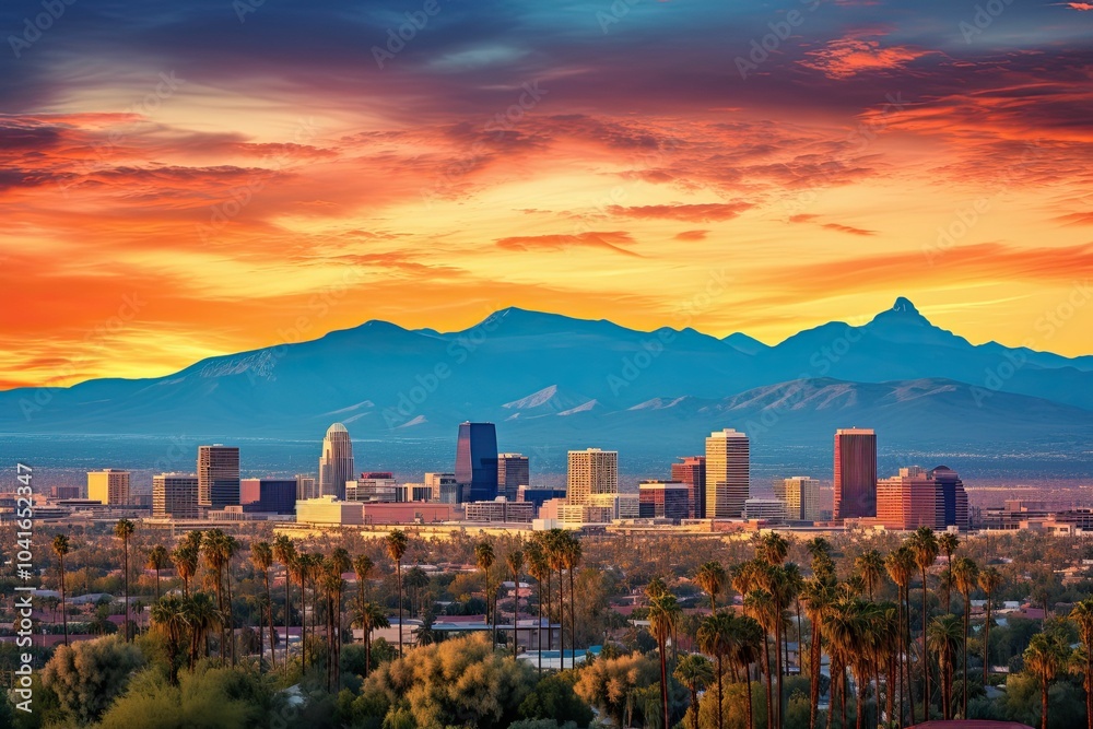 Fototapeta premium Cityscape with mountains and vibrant sunset.