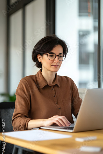 Wallpaper Mural A woman in a brown shirt and glasses works on her laptop in a modern office. Torontodigital.ca