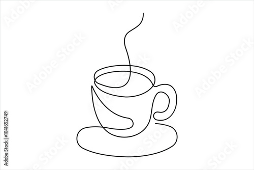 Hot coffee cup continuous one line art drawing of breakfast steam morning coffee design outline vector illustration