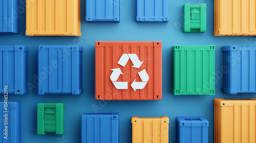 A collection of colorful shipping containers arranged on a blue background, featuring a central container with a recycling symbol. photo