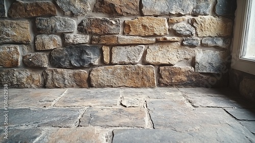 Rustic stonetextured panelled wall background with irregular roughcut stones and warm earthy tones offering an organic and raw aesthetic ideal for natural or farmhouse interiors photo