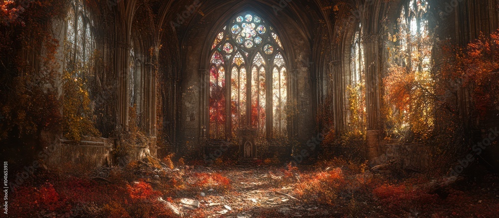 Sunlight streams through a stained-glass window in a crumbling cathedral, illuminating the overgrown interior. Sunlight streams through a stained-glass window in a crumbling cathedral, illuminating the overgrown interior.