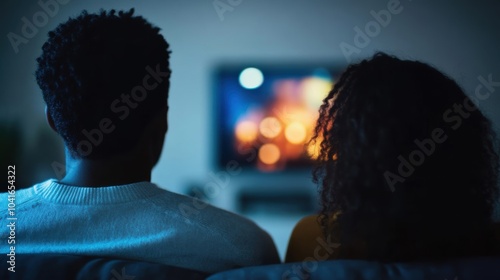 A couple enjoys each other's company on a couch while they watch a show on television in their dimly lit living room