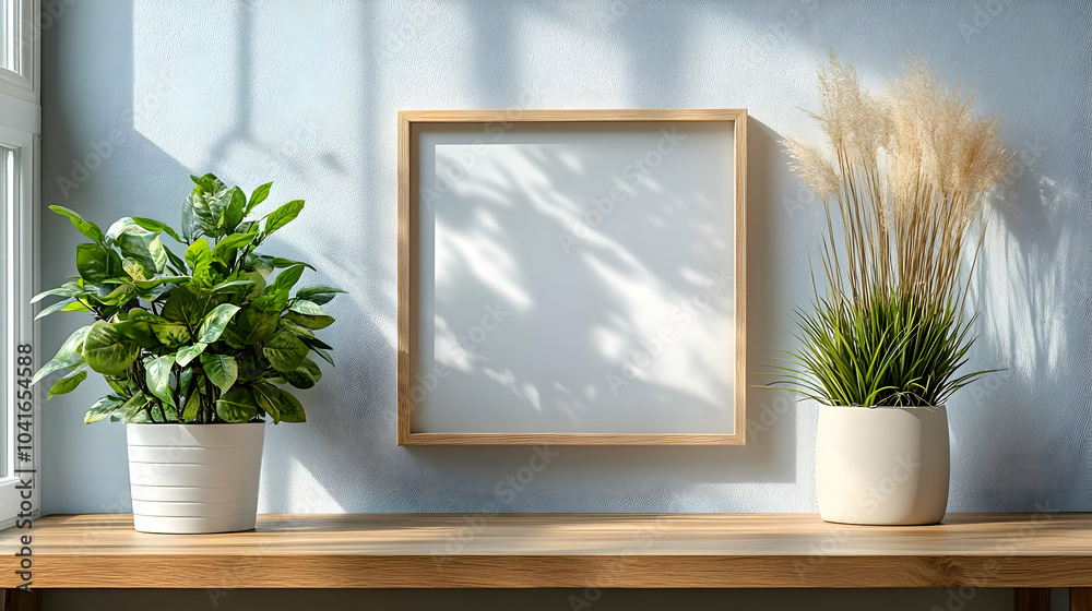 Empty Frame Mockup on Wooden Shelf with Plants Empty Frame Mockup on Wooden Shelf with Plants