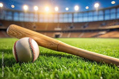 Baseball bat and ball on grass at stadium photo