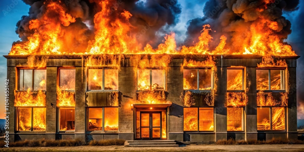 Burning building with flames engulfing windows Burning building with flames engulfing windows