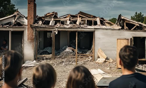 Family looking at their destroyed house.