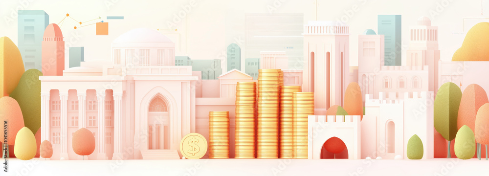 Illustration of financial growth with stacks of gold coins and city skyline Illustration of financial growth with stacks of gold coins and city skyline
