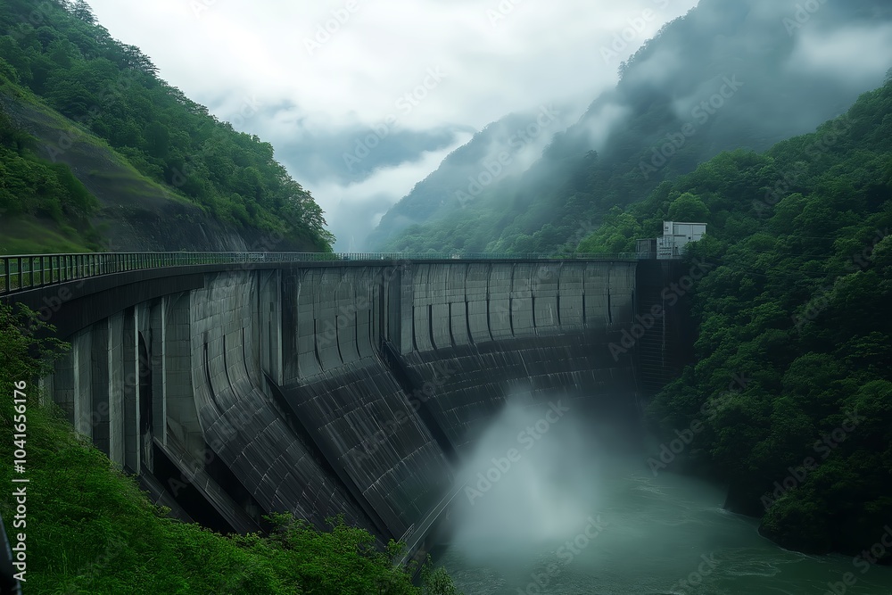 A Panoramic View of a Large-scale Hydroelectric Dam, Emphasizing the Power of Water as a Renewable Energy Source Amidst Lush Green Surroundings A Panoramic View of a Large-scale Hydroelectric Dam, Emphasizing the Power of Water as a Renewable Energy Source Amidst Lush Green Surroundings
