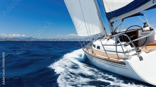 A classic sailboat sails gracefully across the open sea, framed by sunny skies and distant mountains in the backdrop