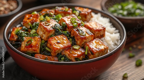 Bowl of tofu with spinach and rice, garnished with green onions.